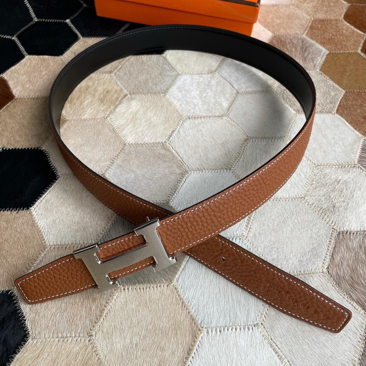 H CONTANCE BELT 32MM SILVER BUCKLE BLACK DARK BROWN LEATHER