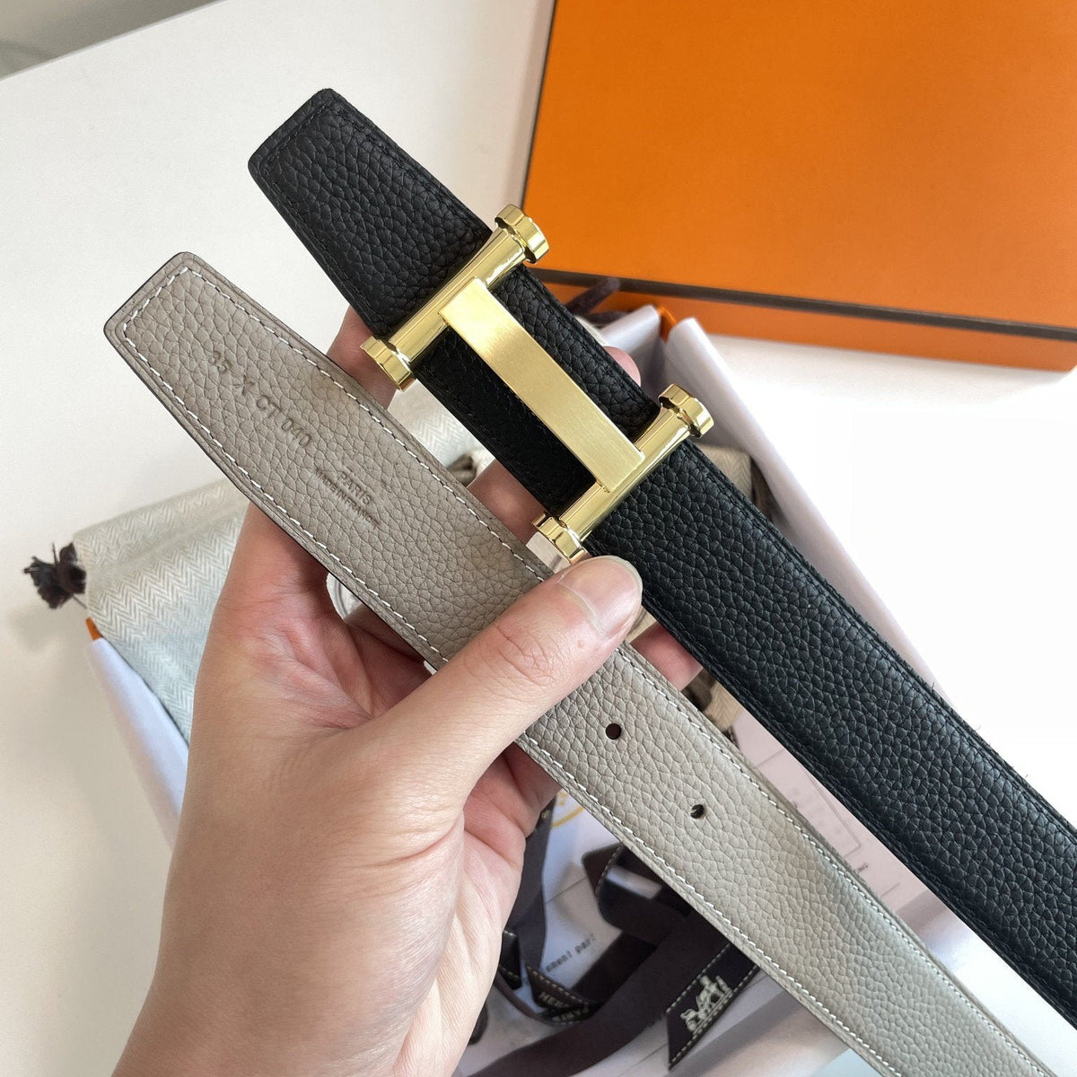 H AGORA BELT 32MM BLACK GREY LEATHER