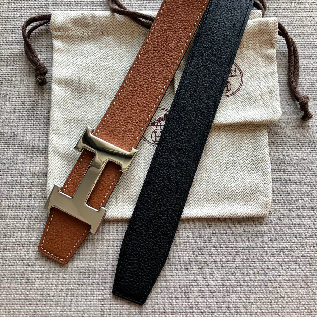 H CONTANCE BELT 38MM GOLD BUCKLE BROWN BLACK LEATHER