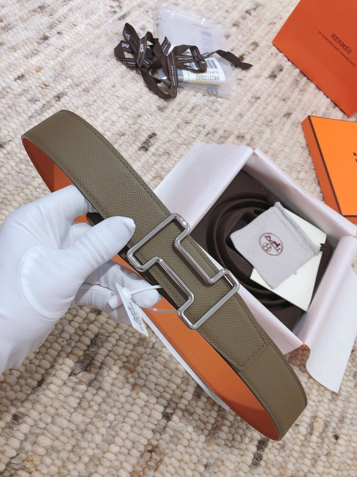 H TONIGHT BELT 38MM ORANGE GREEN GREY LEATHER