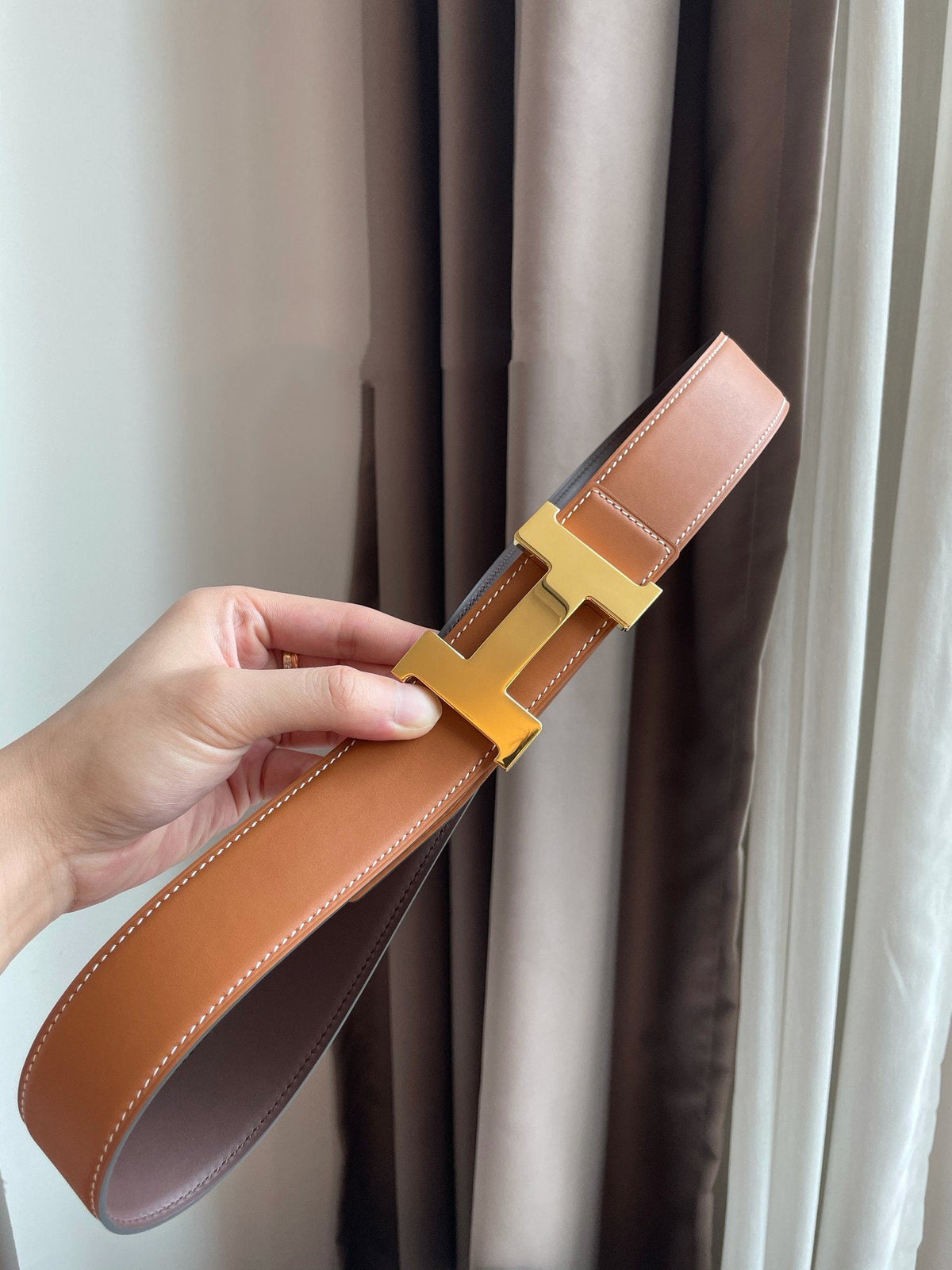 H CONSTANCE BELT 38MM GOLD BUCKLE BROWN CHOCOLATE LEATHER