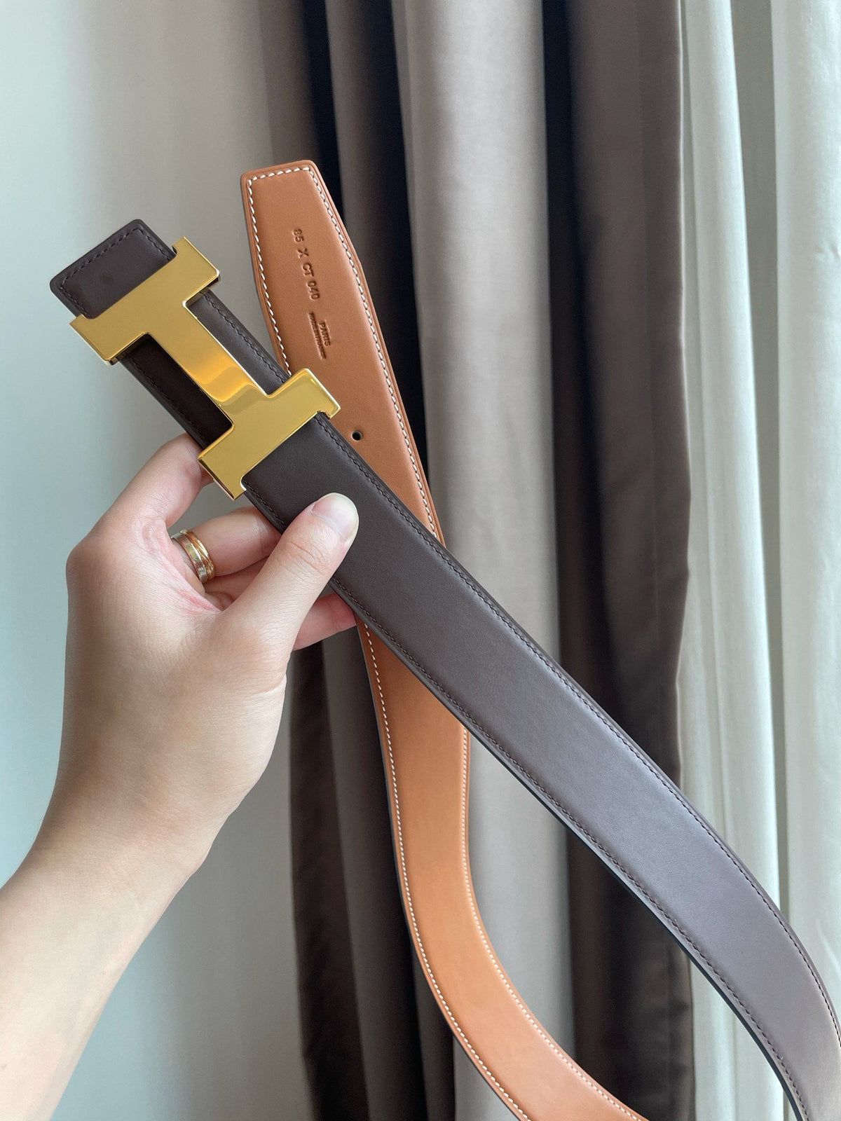 H CONSTANCE BELT 38MM GOLD BUCKLE BROWN CHOCOLATE LEATHER