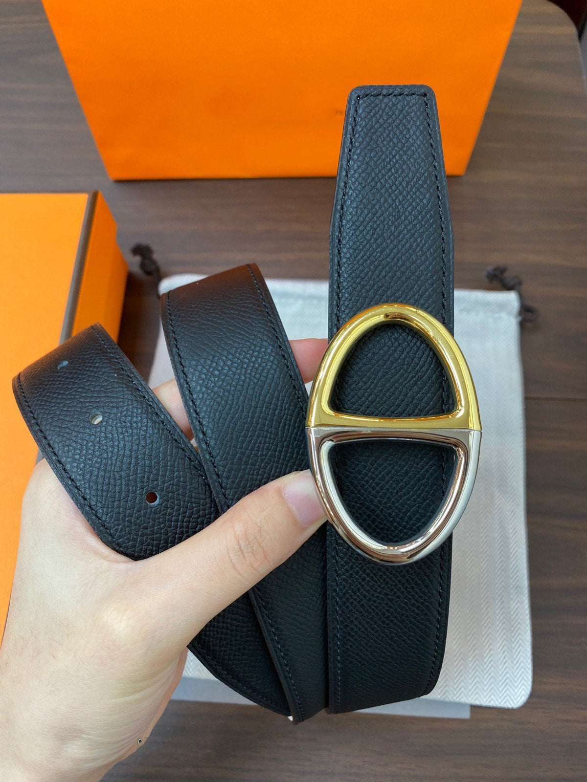 H TWIN REVERSIBLE BELT 32MM GOLD SILVER BUCKLE WHITE BLACK LEATHER