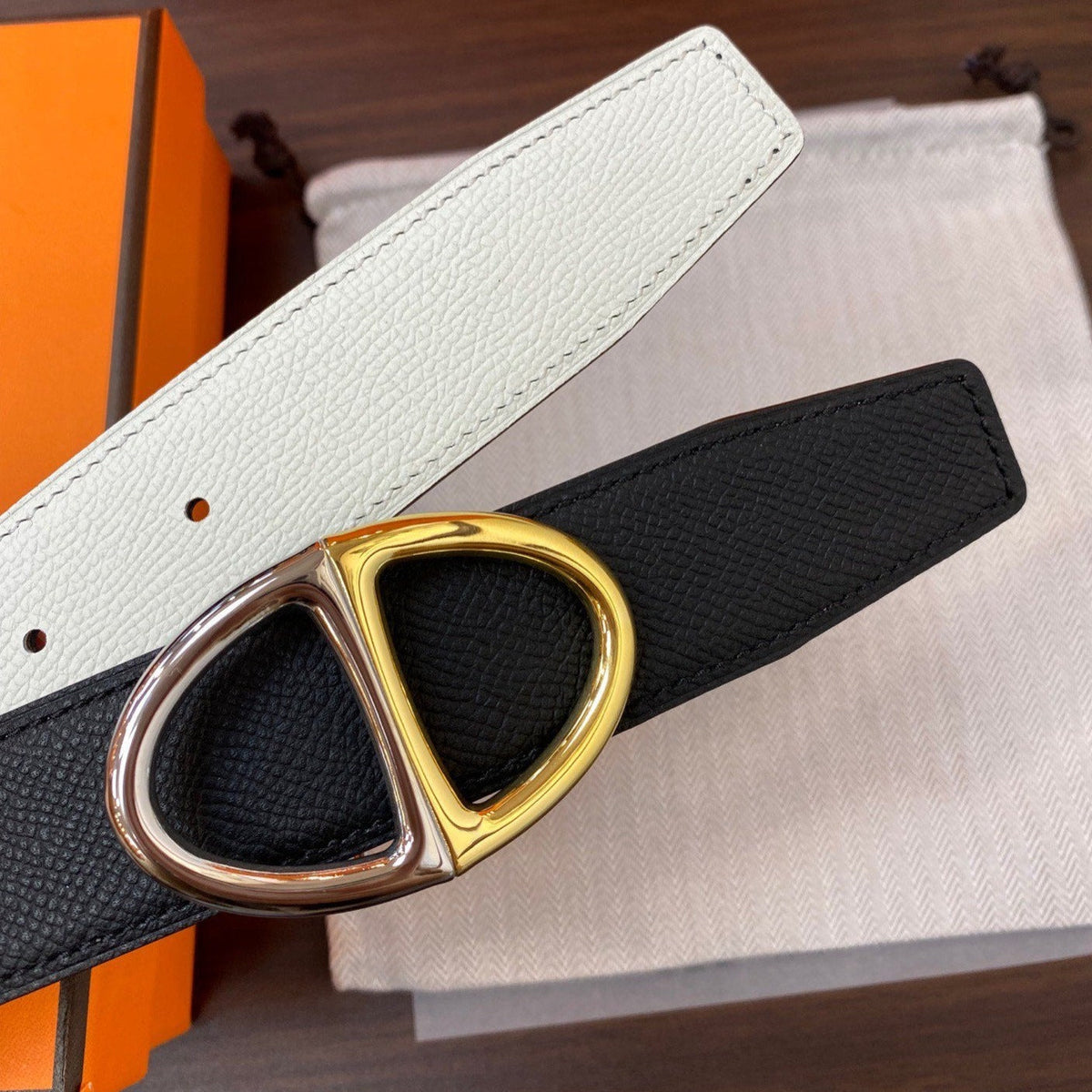 H TWIN REVERSIBLE BELT 32MM GOLD SILVER BUCKLE WHITE BLACK LEATHER