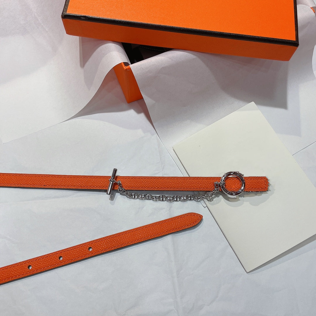 H SILVER BUCKLE WOMEN'S BELT ORANGE BLACK LEATHER STRAP 1.3CM