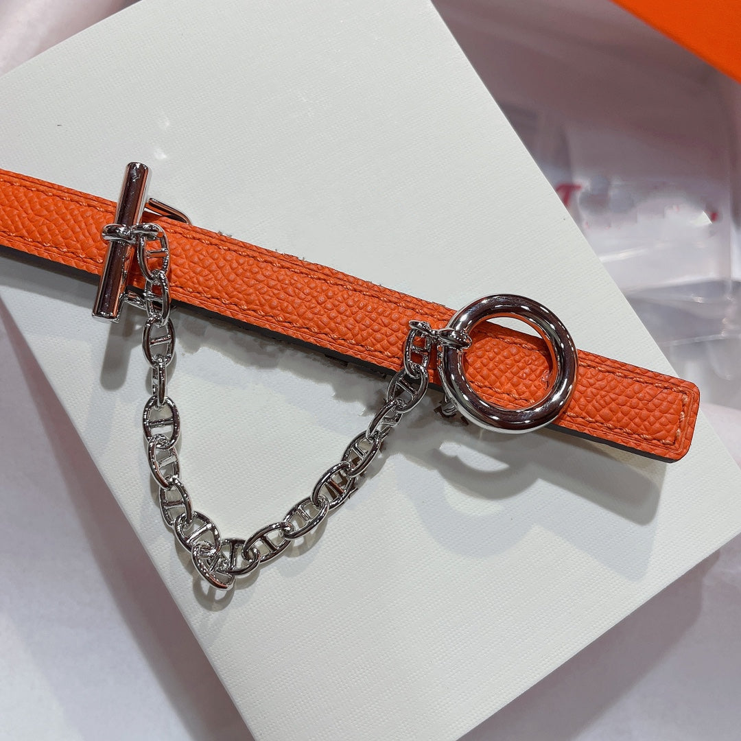 H SILVER BUCKLE WOMEN'S BELT ORANGE BLACK LEATHER STRAP 1.3CM