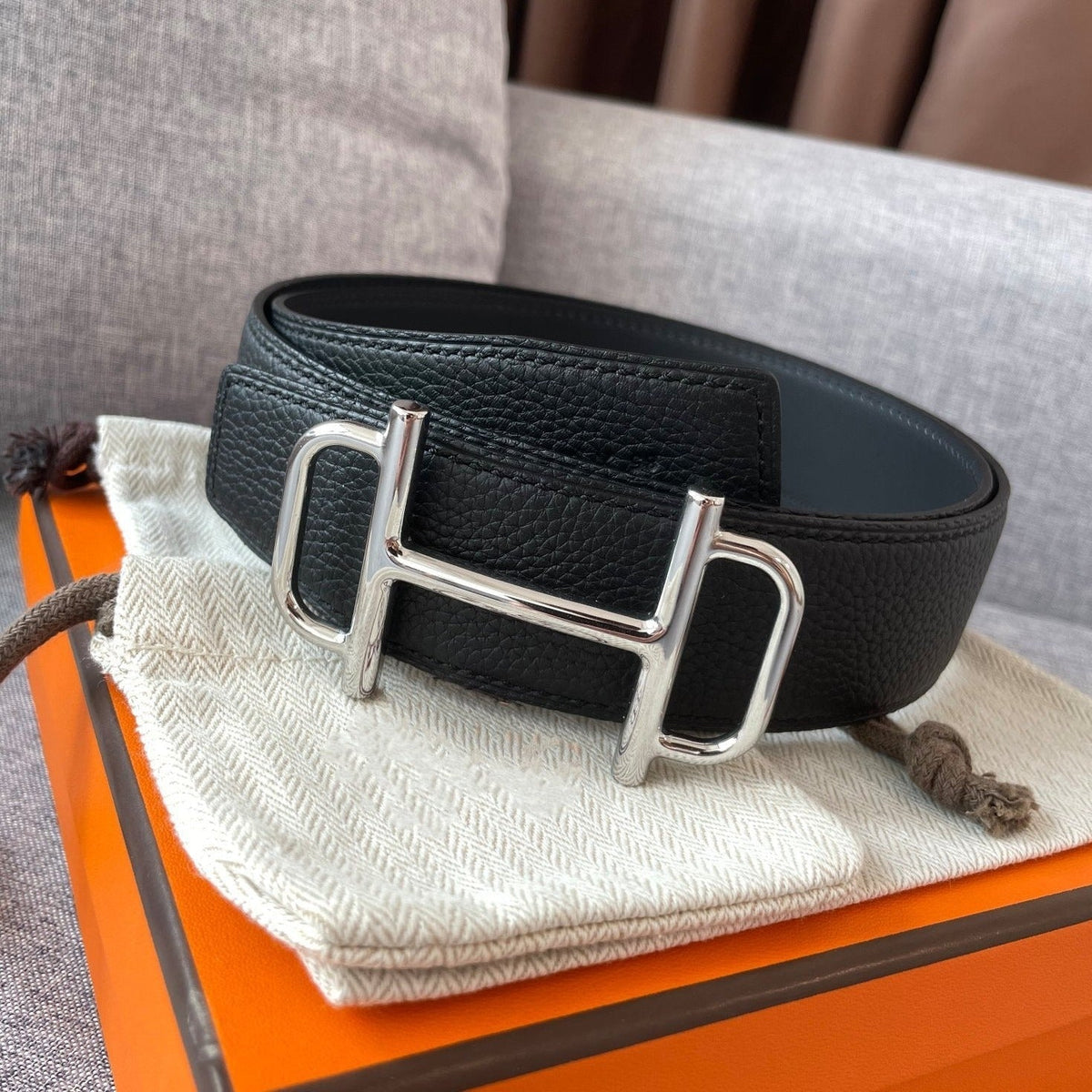 3.8CM BELT H REVERSIBLE BLACK LEATHER