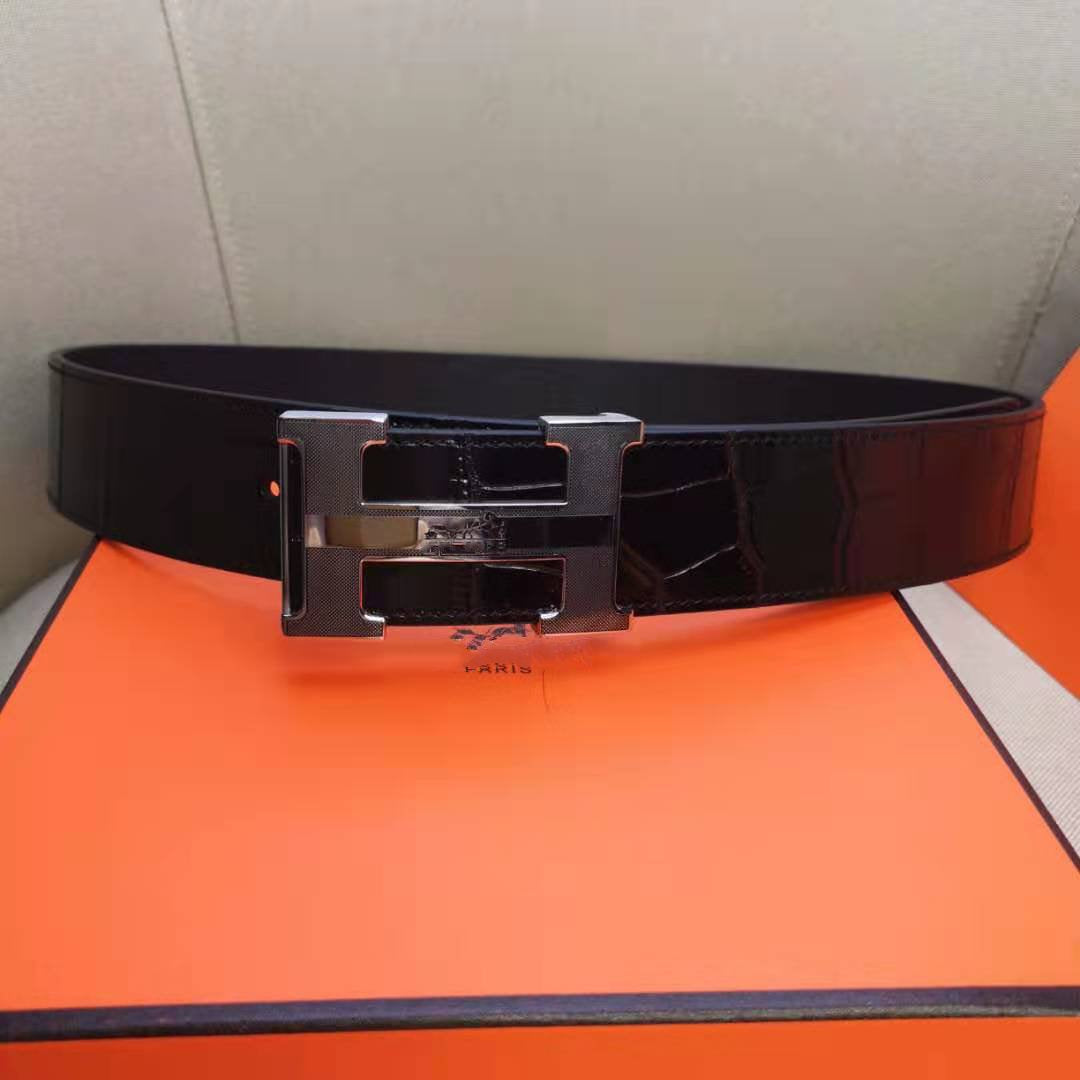 H BELT STEEL BUCKLE CROCODILE-PATTERNED BLACK LEATHER 40MM