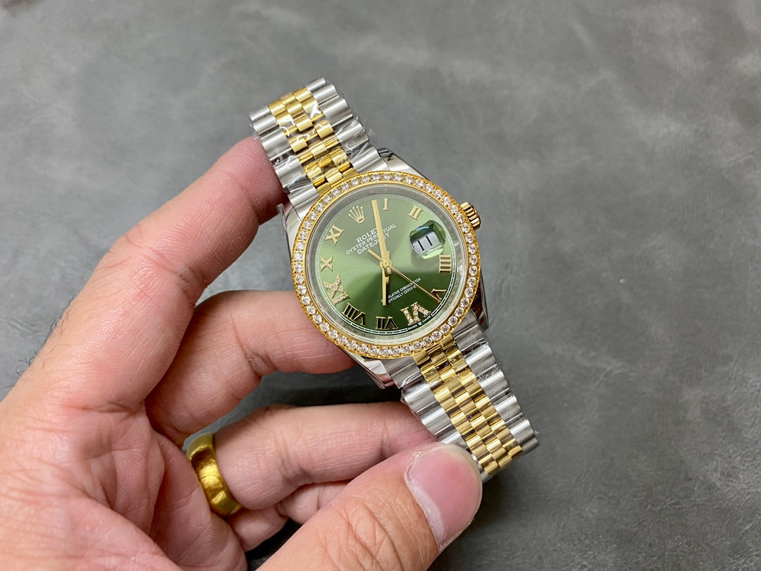 DATEJUST 36MM GOLD STEEL DIAMOND BEZEL GREEN DIAL