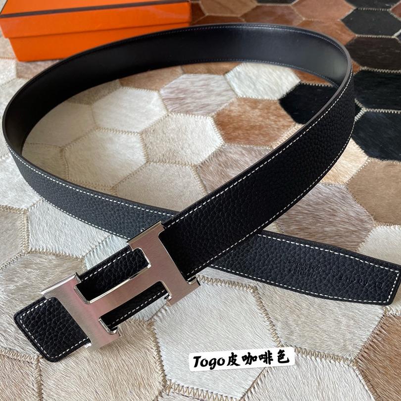 HM CONSTANCE BELT BUCKLE & REVERSIBLE BLACK LEATHER STRAP 38MM SILVER HARDWARE