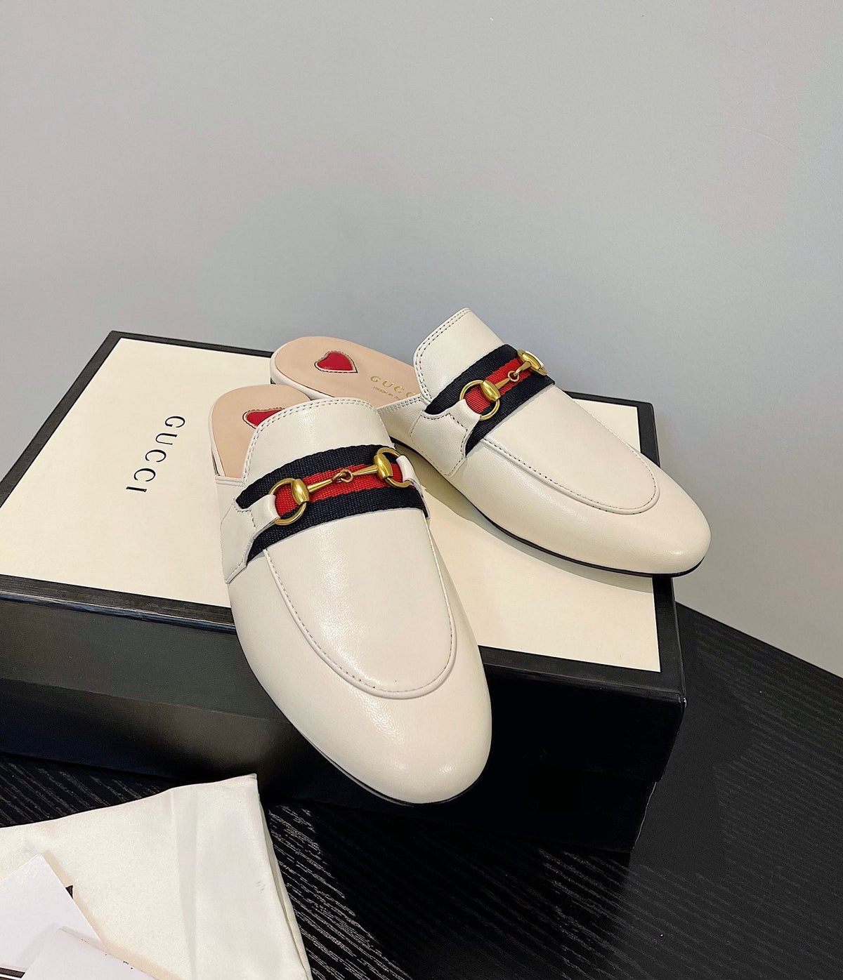 gg loafer cream calfskin black red canvas