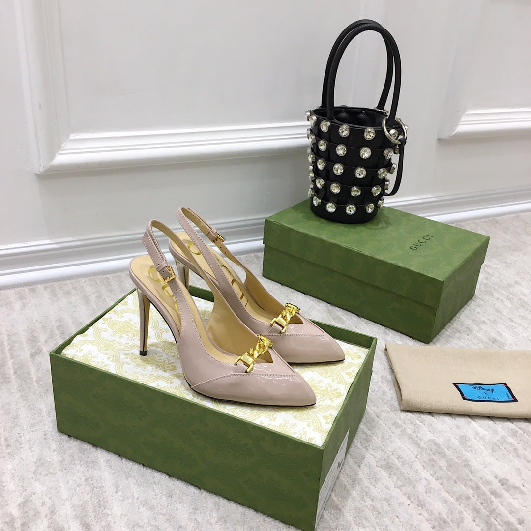 GG HIGH HEEL SLINGBACK BEIGE CREAM CALFSKIN WITH CHAIN