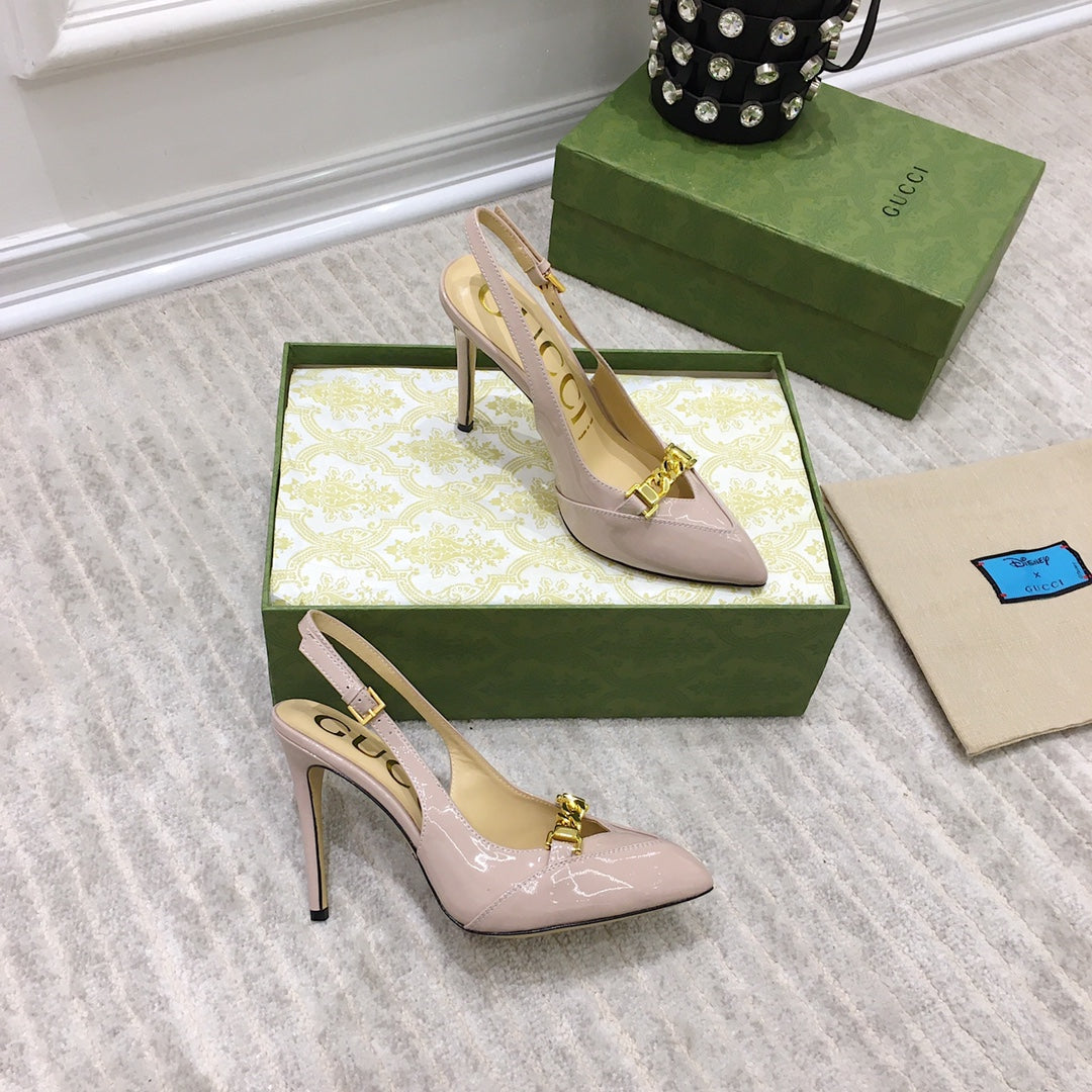 GG HIGH HEEL SLINGBACK BEIGE CREAM CALFSKIN WITH CHAIN