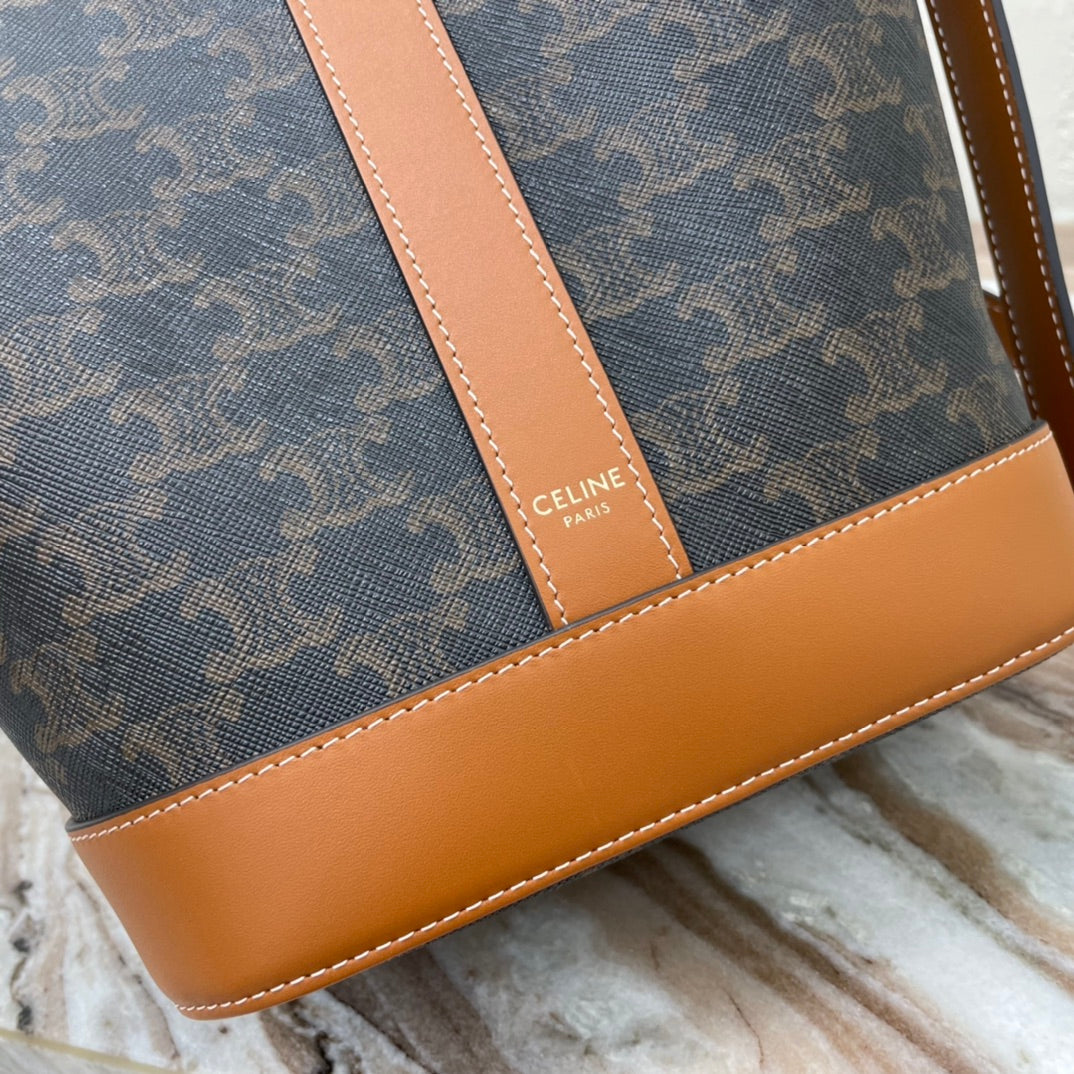 Celine Medium Bucket Bag In Triomphe Canvas With Calfskin
