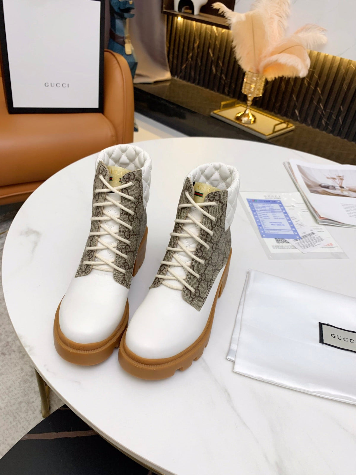 GG ankle boots white brown monogram canvas leather