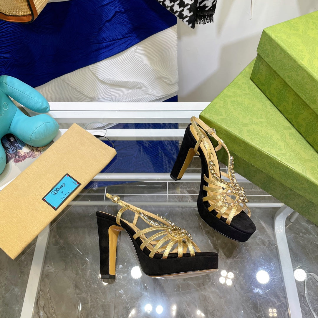 GG CRYSTAL HIGH HEEL SANDAL BLACK LAMBSKIN