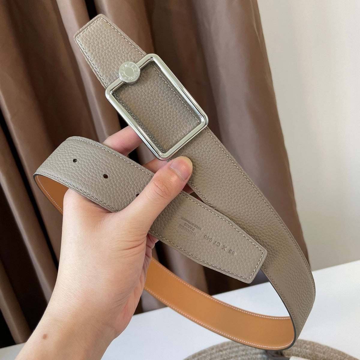 OSCAR BELT BUCKLE & REVERSIBLE KHAKI BROWN AND ORANGE LEATHER STRAP 38MM SILVER HARDWARE