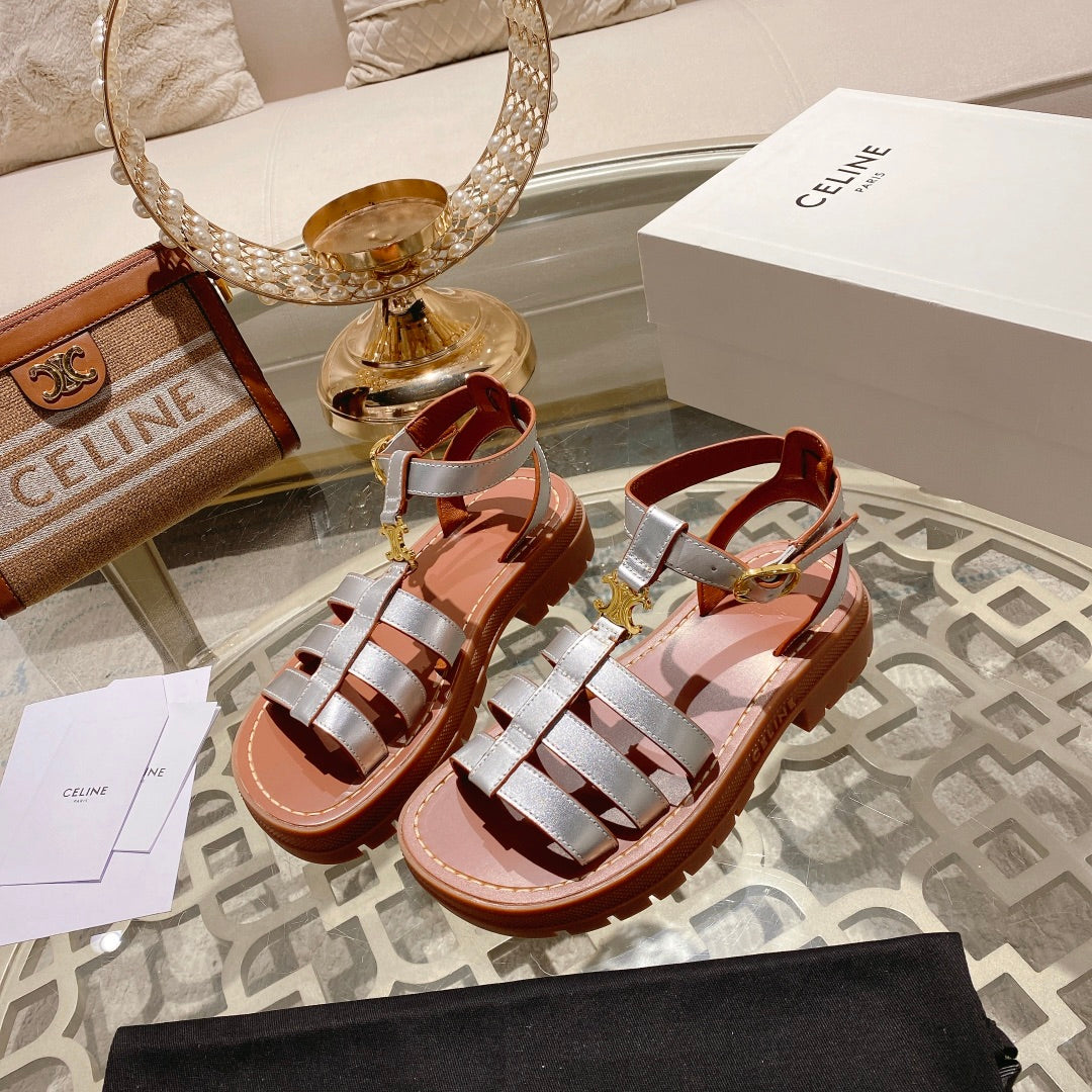 CL Clea Triomphe Gladiator Sandal 40mm Silver Metallic Mix Tan Calfskin 600367