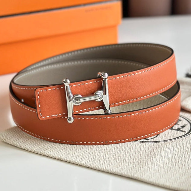 HM Silver Mors H buckle & Reversible 24 mm belt Orange Beige leather 125356
