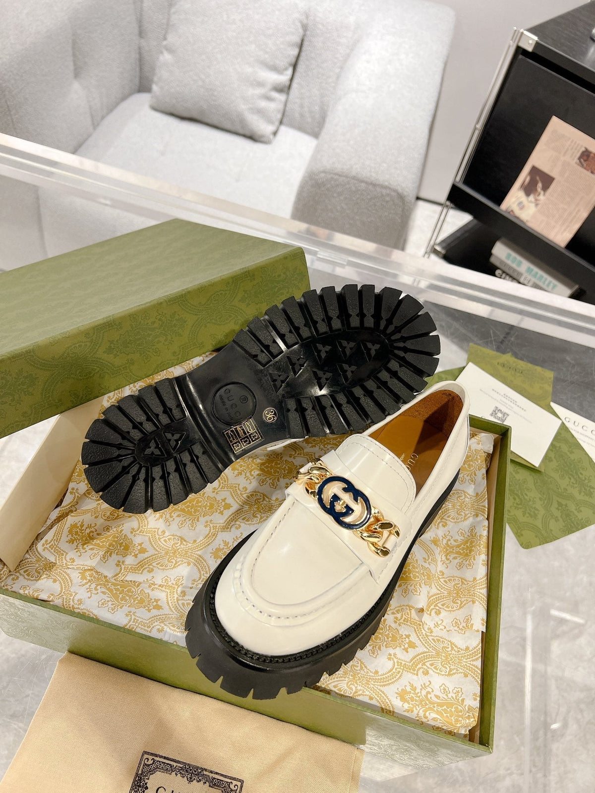 GG LOAFER WITH GG CHAINS WHITE CALFSKIN
