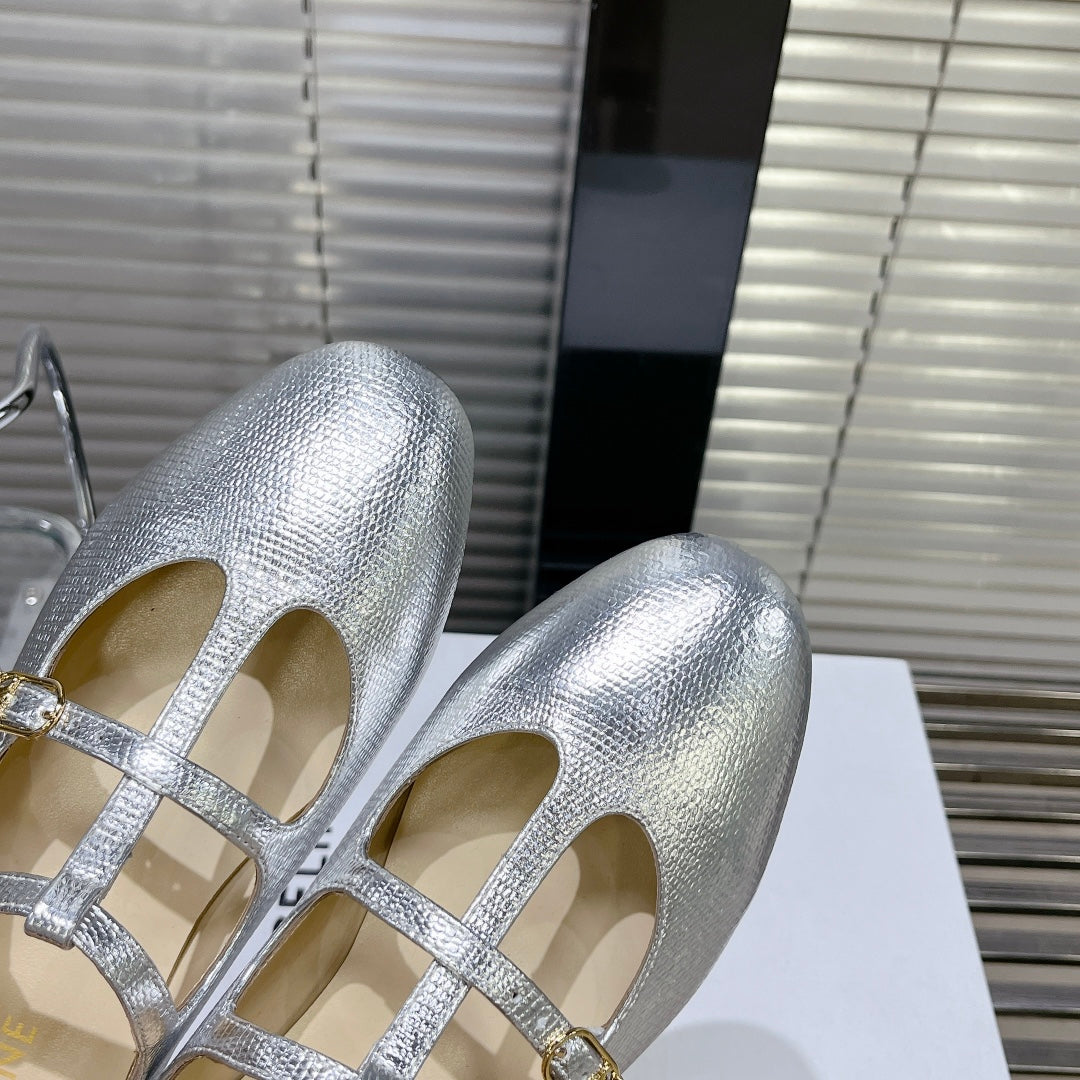 FLAT SANDALS WITH DOUBLE STRAP-DESIGN LEATHER SILVER