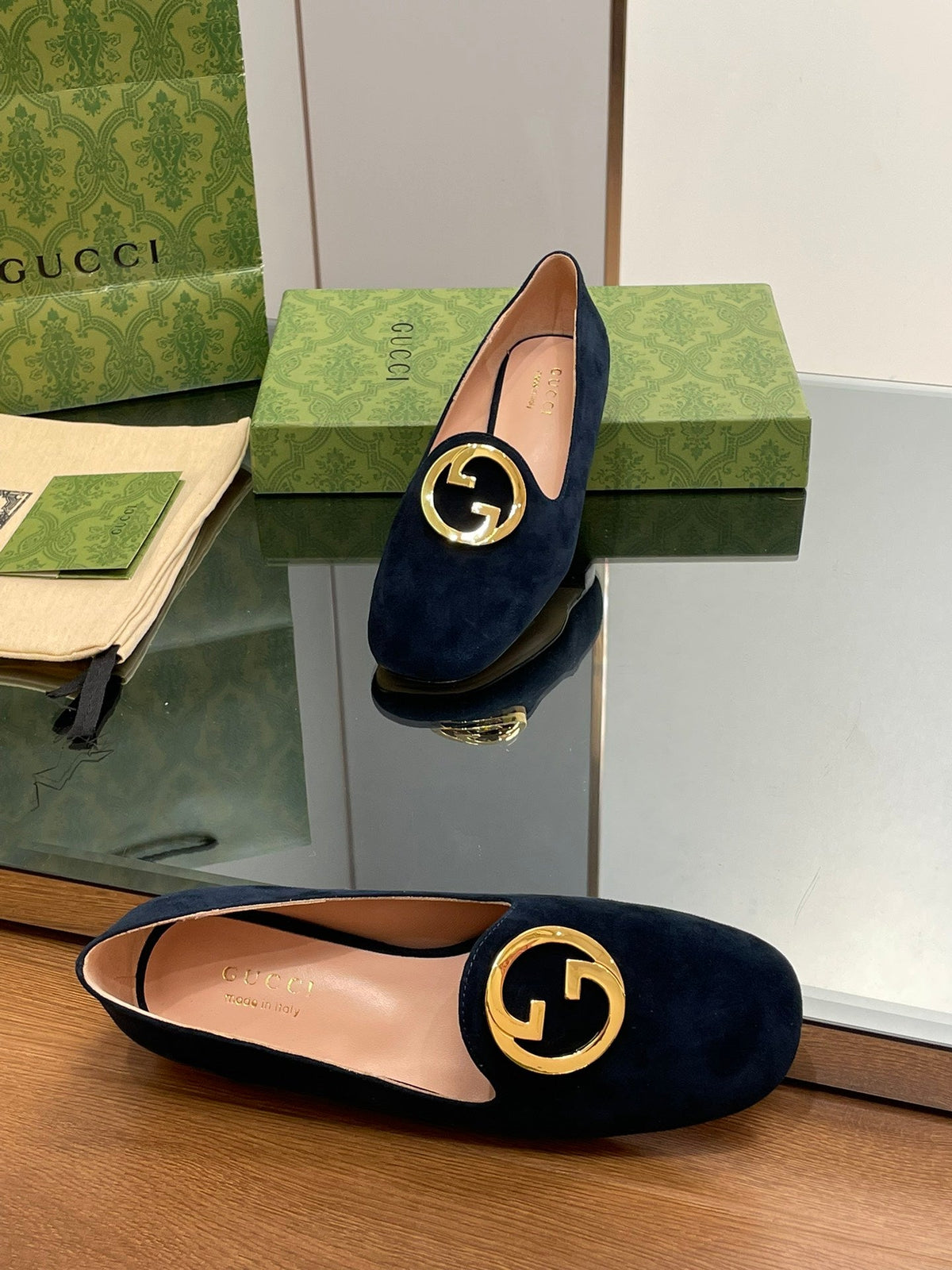 BLONDIE LOGO-PLAQUE LOAFERS IN SPACE BLUE SUEDE