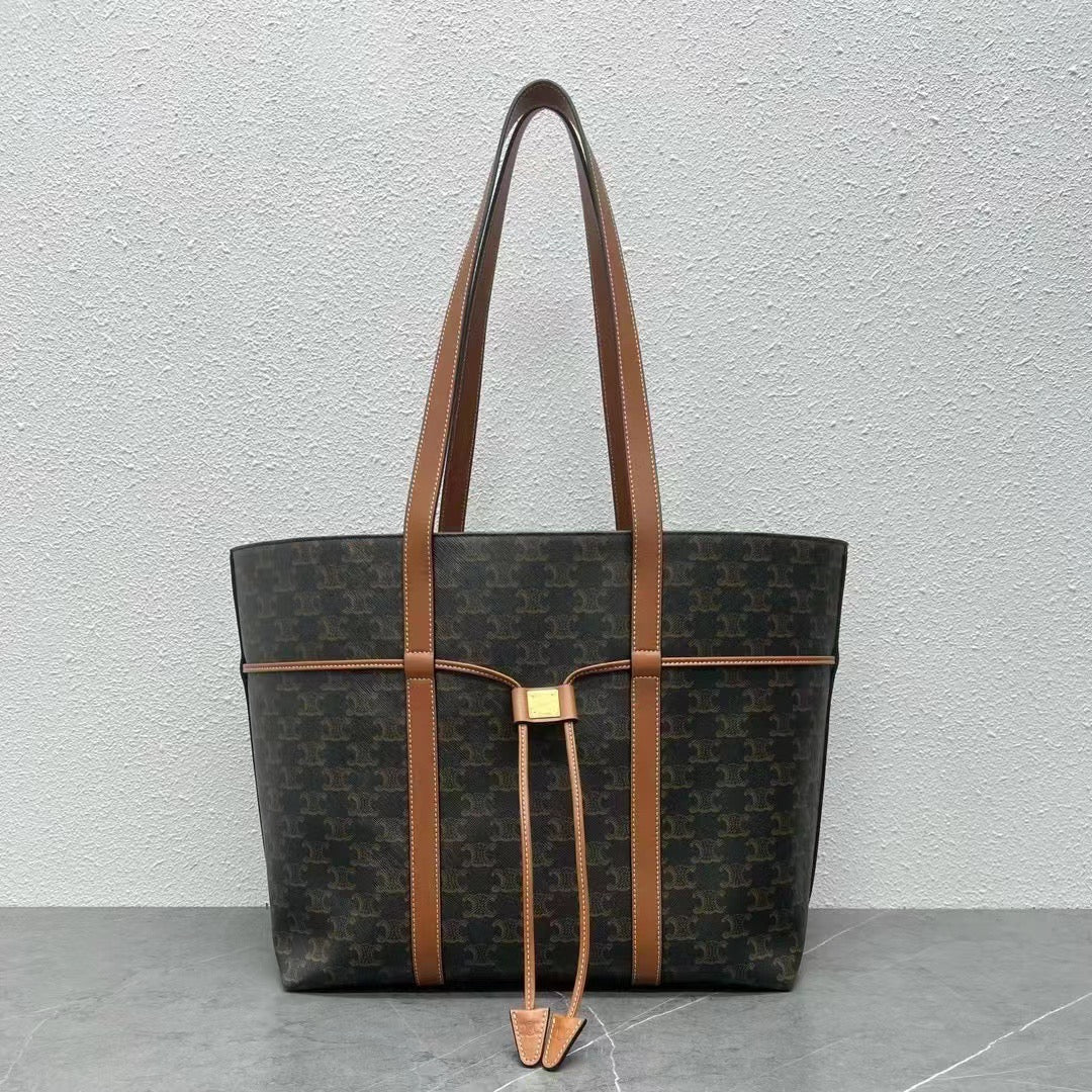 Celine Cabas Drawstring Bag Triomphe Black Brown Canvas & Calfskin