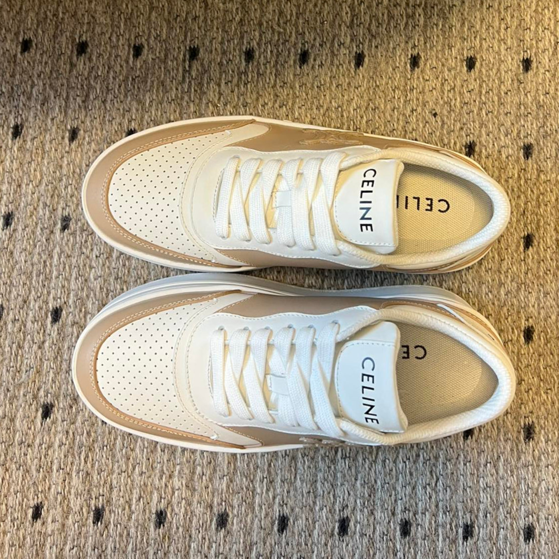 BLOCK SNEAKER WITH TRIOMPHE IN WHITE MIX SAND BROWN CALFSKIN
