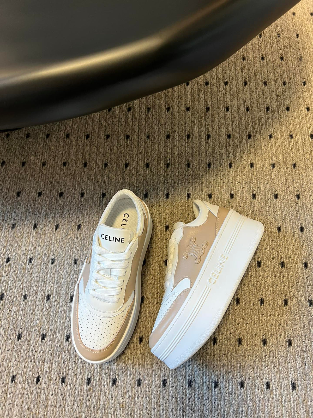 BLOCK SNEAKER WITH TRIOMPHE IN WHITE MIX SAND BROWN CALFSKIN