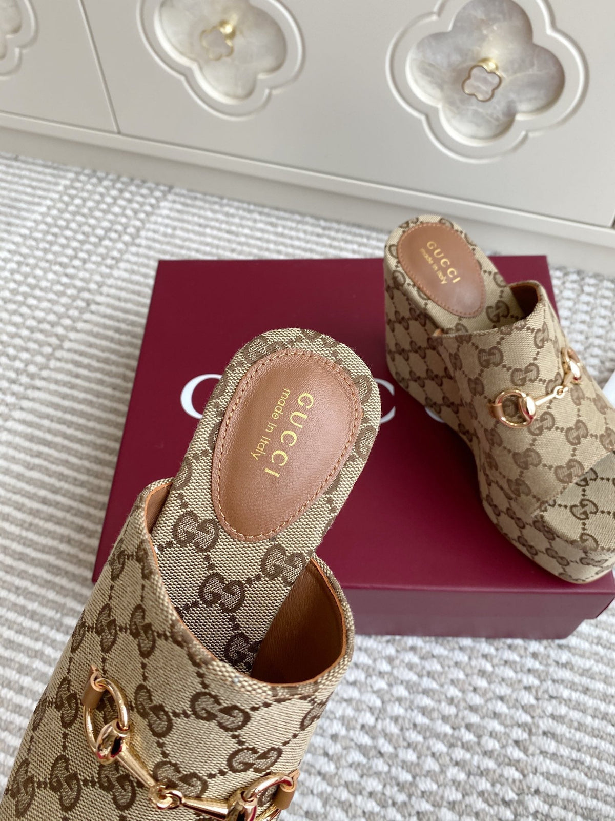 GC 25 Wedge With Horsebit Sandal Beige and Dark Brown Canvas 291029