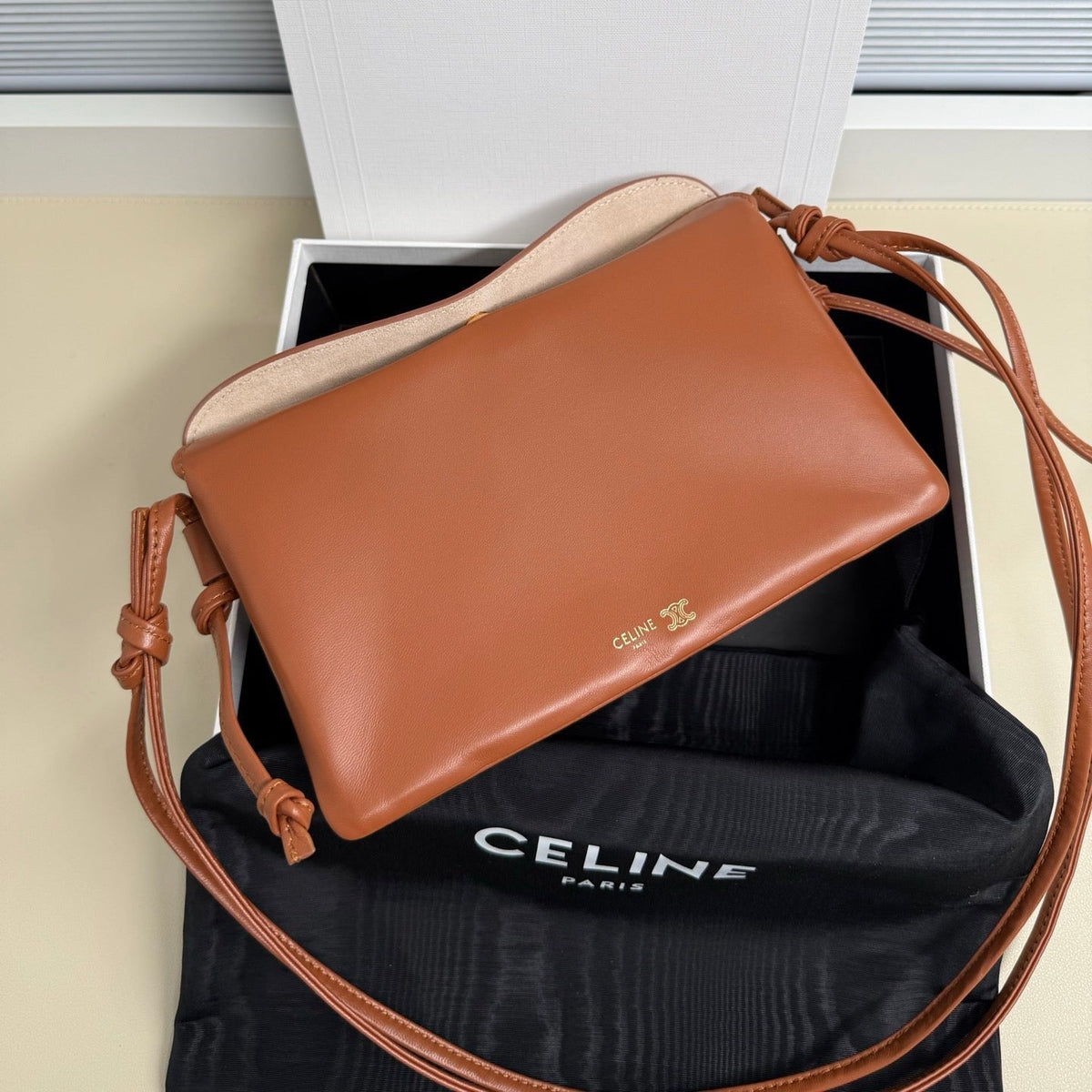 Celine 2025 Trio Flap Bag 22cm Brown Smooth Lambskin Leather