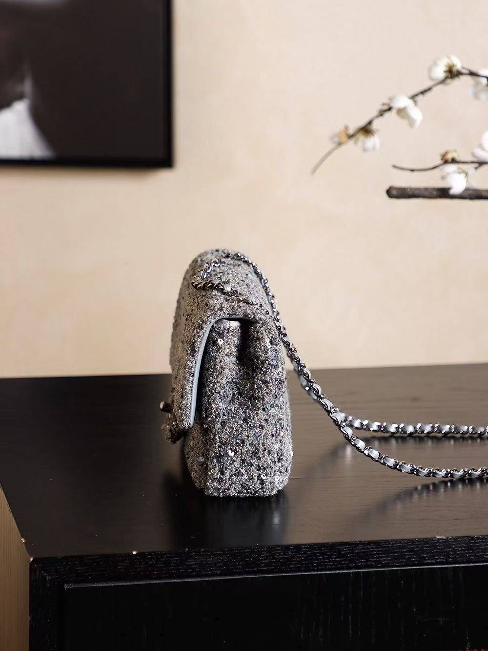 Chanel 2026 Flap Bag 21cm Silver Gray Chevron Sequin