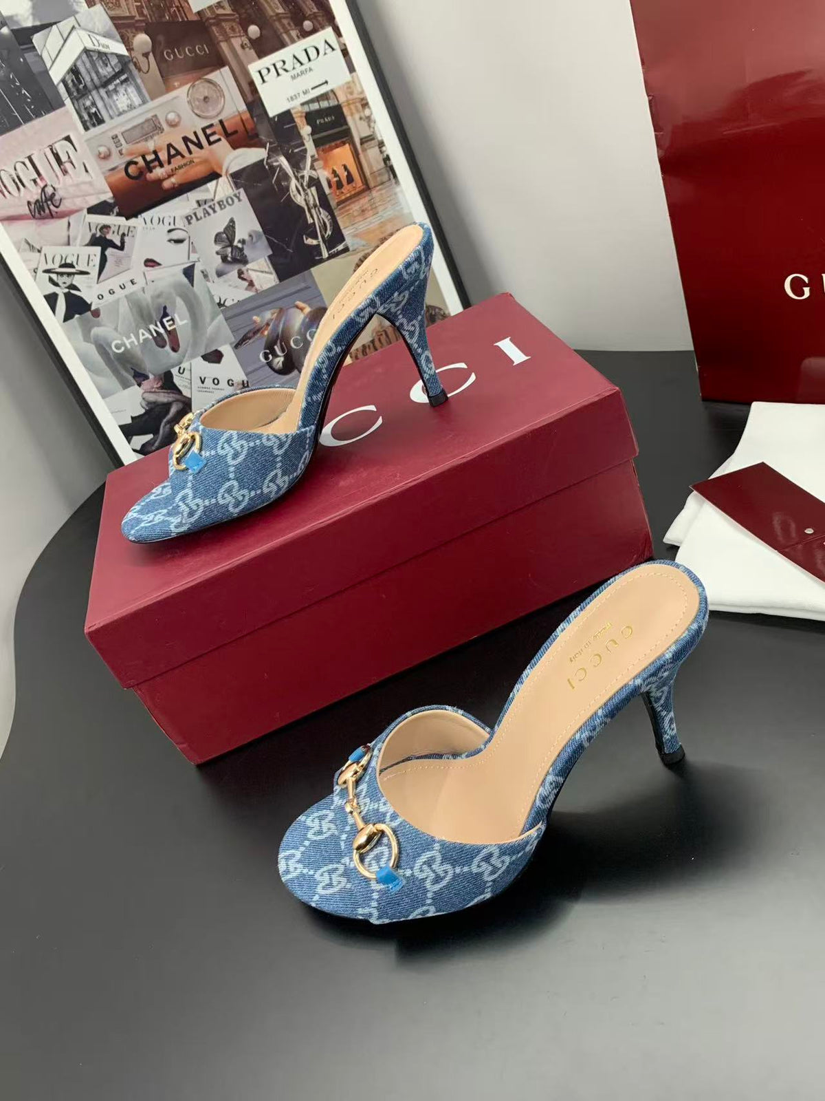 Gucci 2026 Erin Horsebit GG Sandal Blue Gold Denim Leather