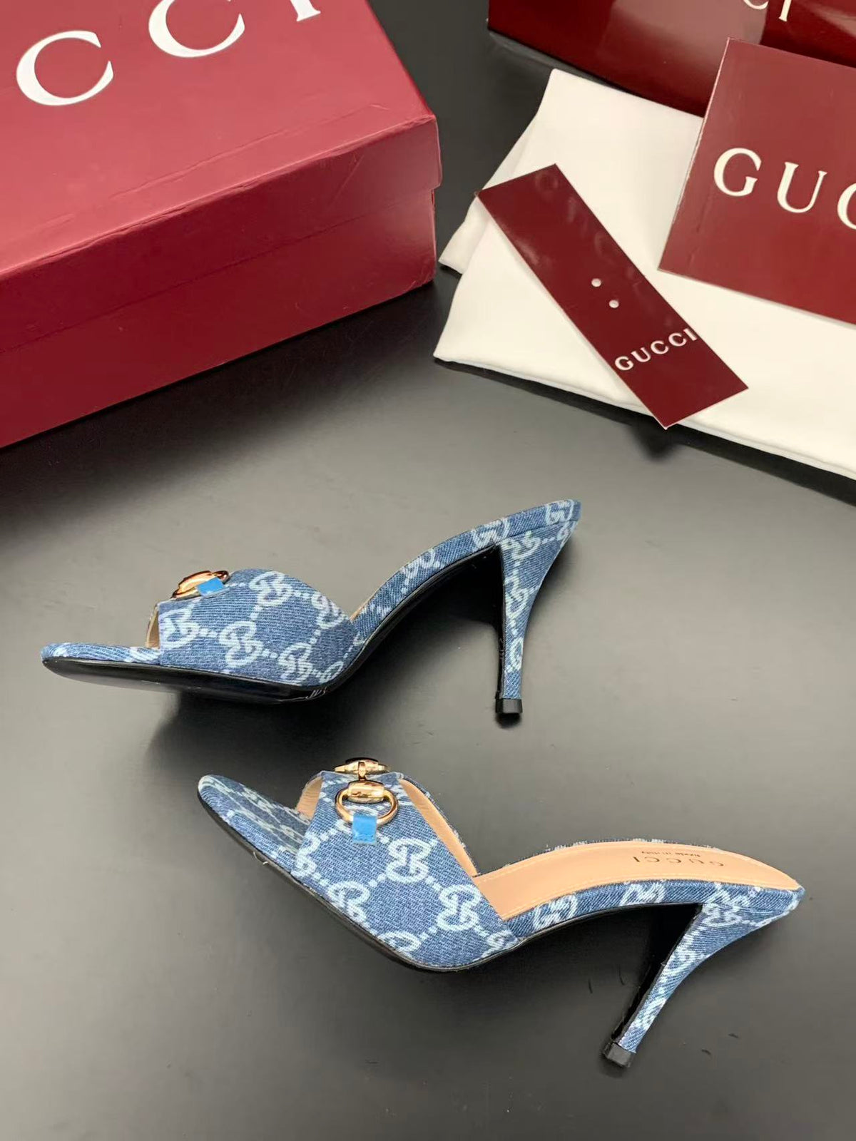 Gucci 2026 Erin Horsebit GG Sandal Blue Gold Denim Leather