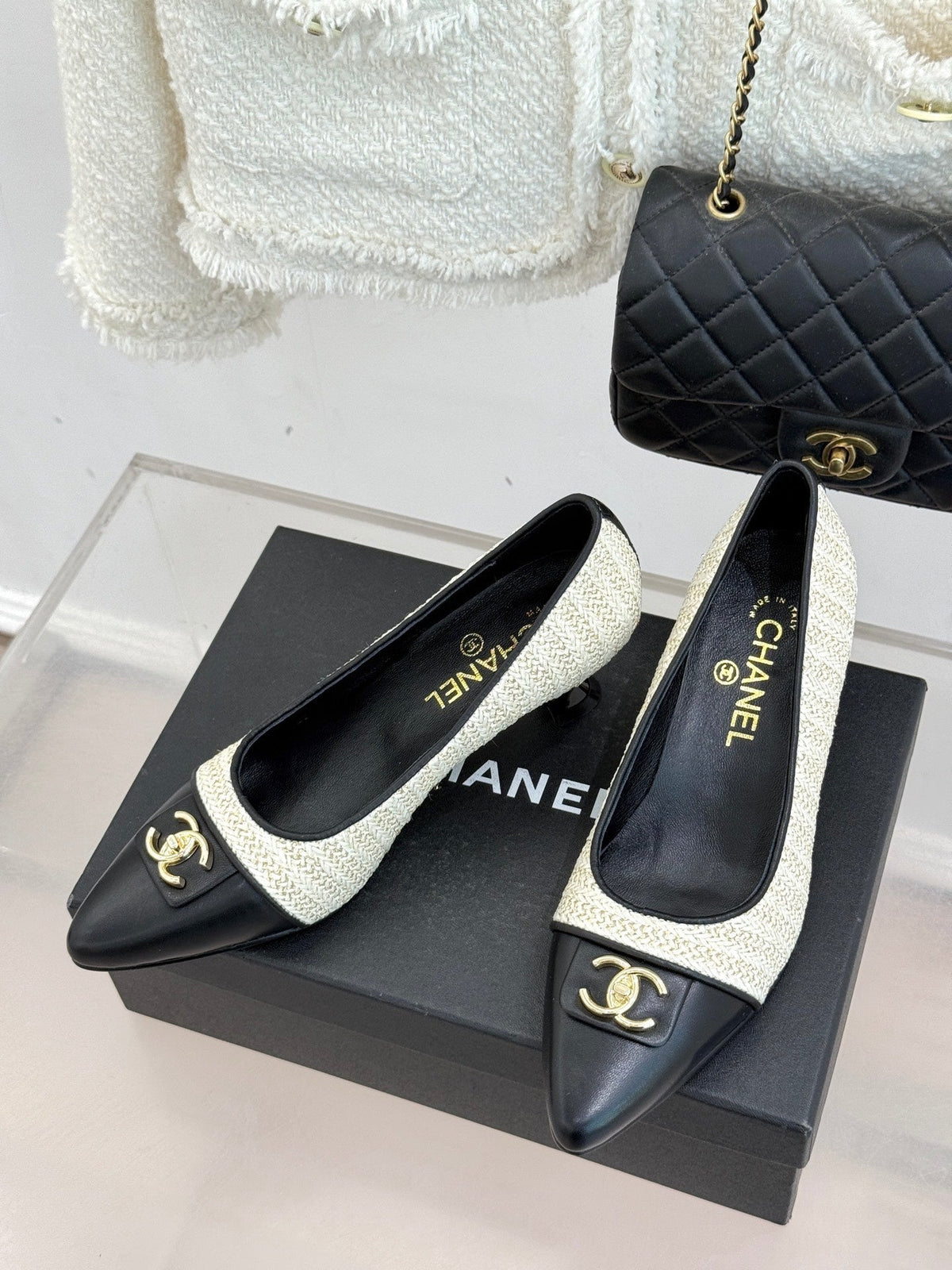 CC 2026 Heel Pump 55 Tweed Sheepskin Double C Logo