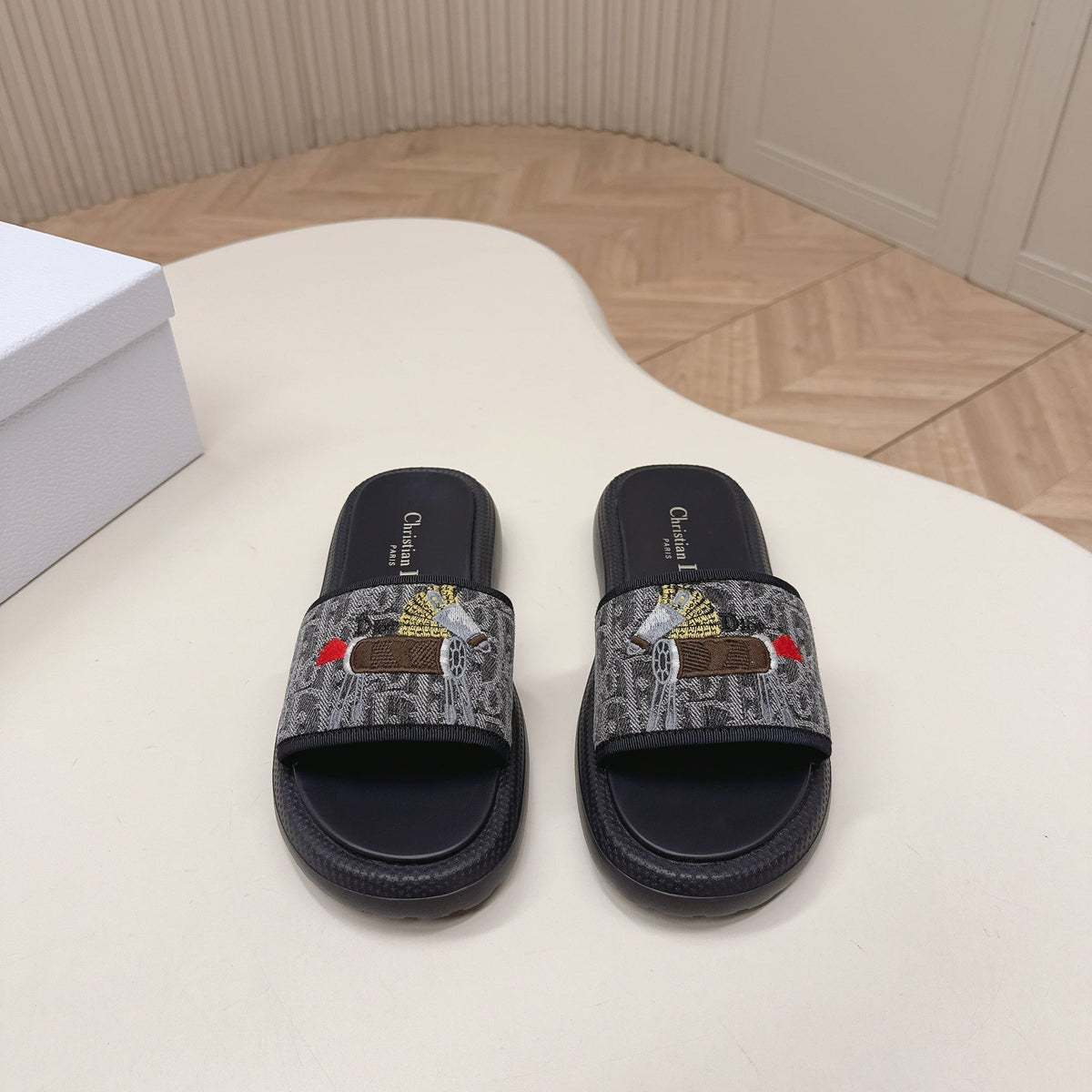 CD 26s Slippers Black Canvas Lambskin 643802