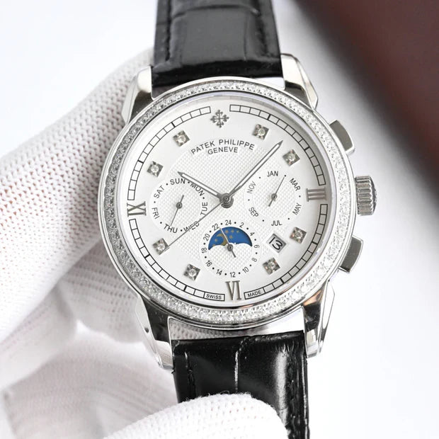 Patek Philippe Annual Calendar 42mm Diamond Benzel Black Leather Strap