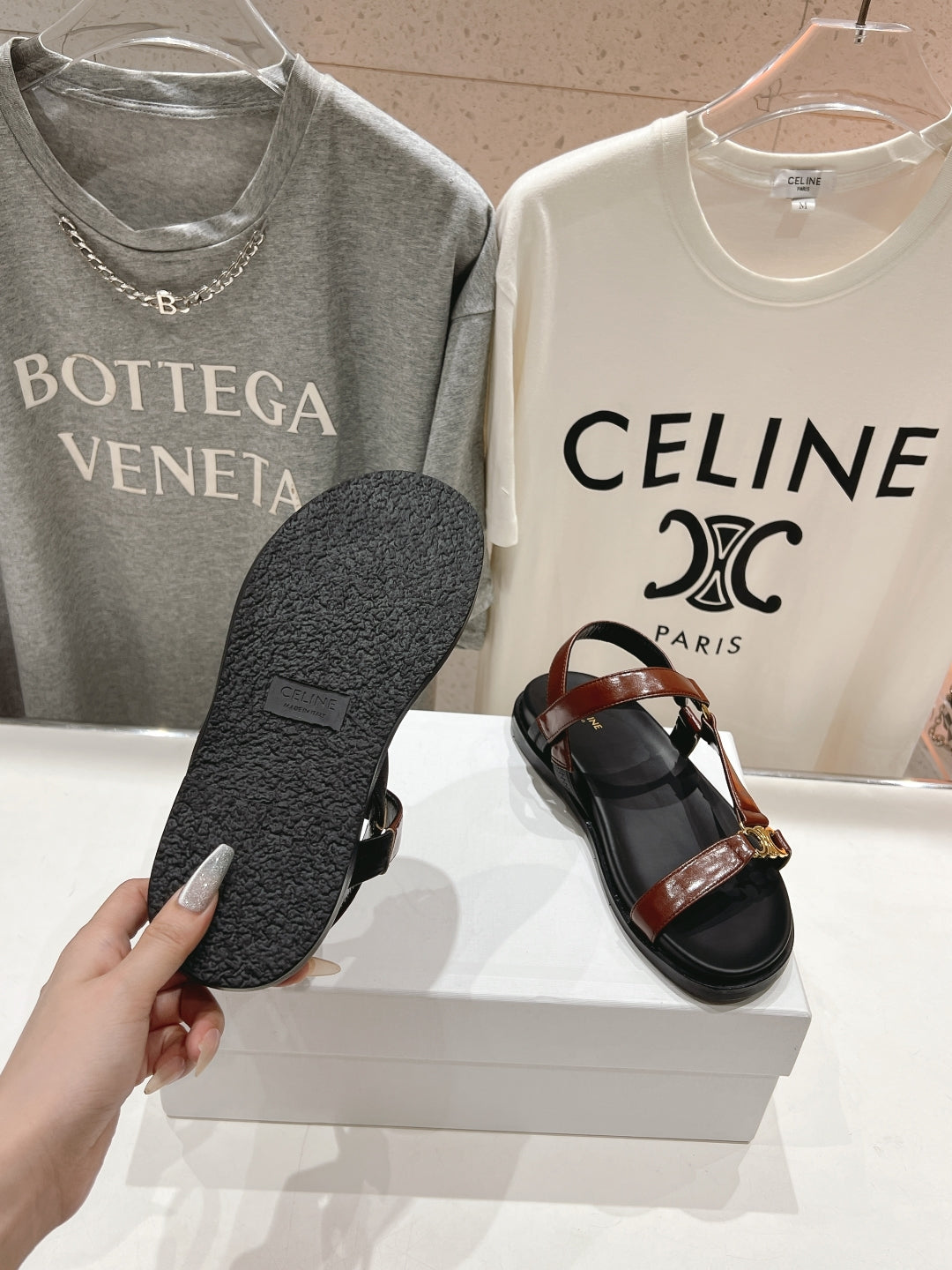 CELINE MAUD SANDAL WITH TRIOMPHE DEEP BROWN COWHIDE 236756