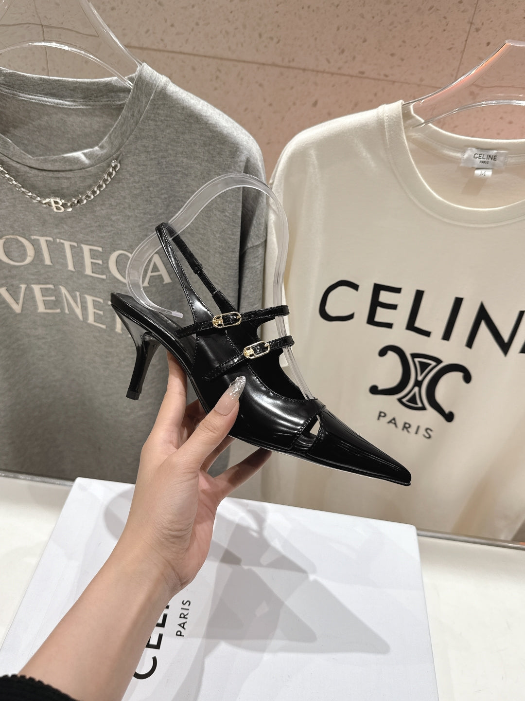 Celine 25C Judy Double Strap Mary Jane Slingback Black Sheepskin 236778