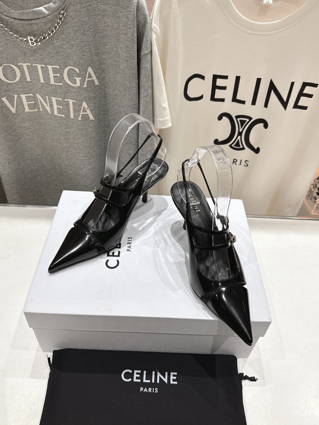 Celine 25C Judy Double Strap Mary Jane Slingback Black Sheepskin 236778