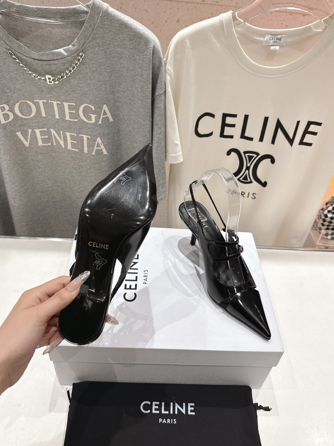Celine 25C Judy Double Strap Mary Jane Slingback Black Sheepskin 236778