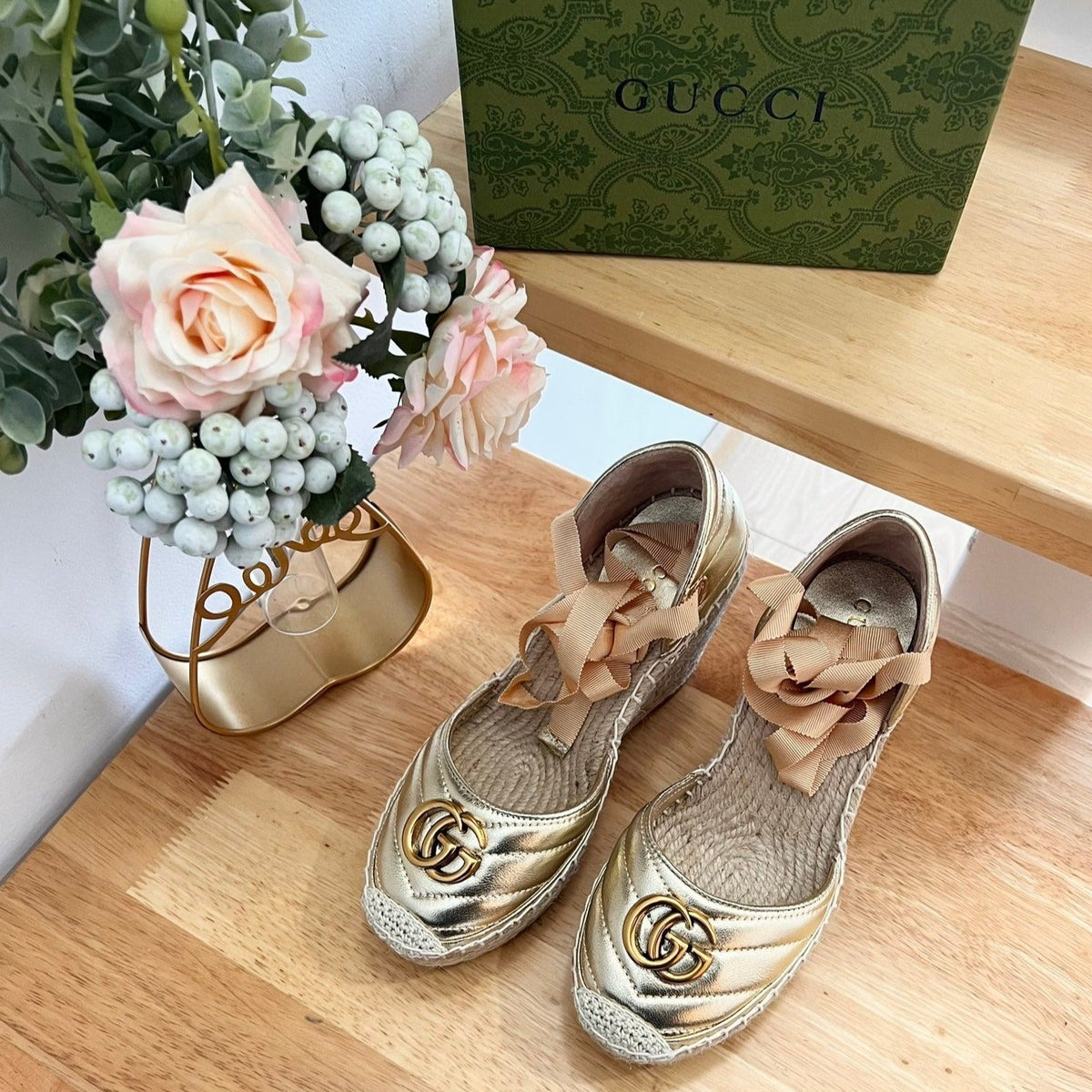 GG Crochet platform Espadrilles Rose Tan Leather