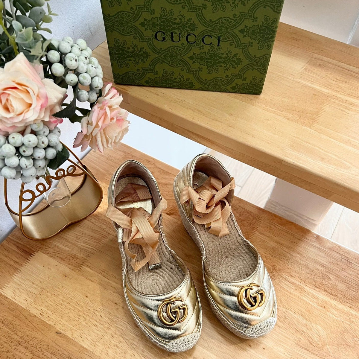 GG Crochet platform Espadrilles Rose Tan Leather