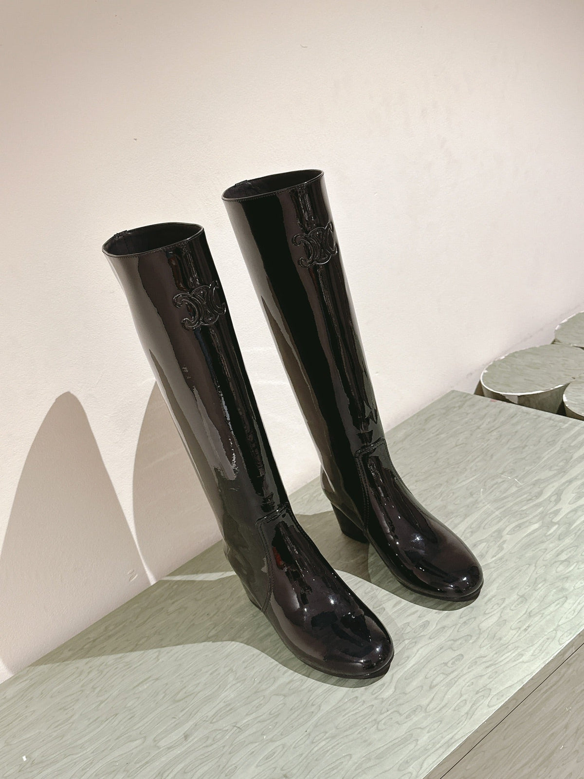 CELINE Les Bottes Triomphe Zipped Long Boot Black Patent Calfskin 452696