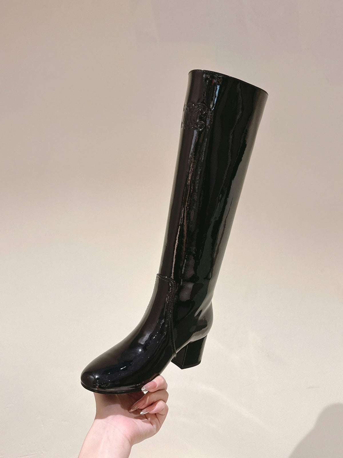 CELINE Les Bottes Triomphe Zipped Long Boot Black Patent Calfskin 452696