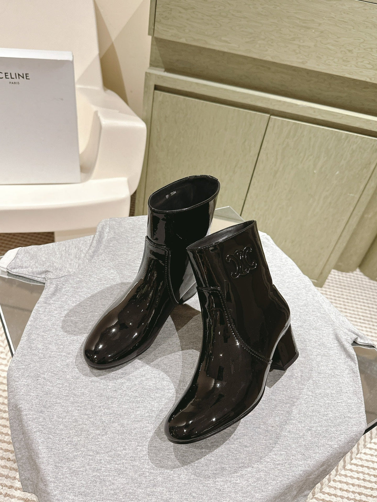 CELINE Les Bottes Triomphe Zipped Boot Black Patent Calfskin 452697