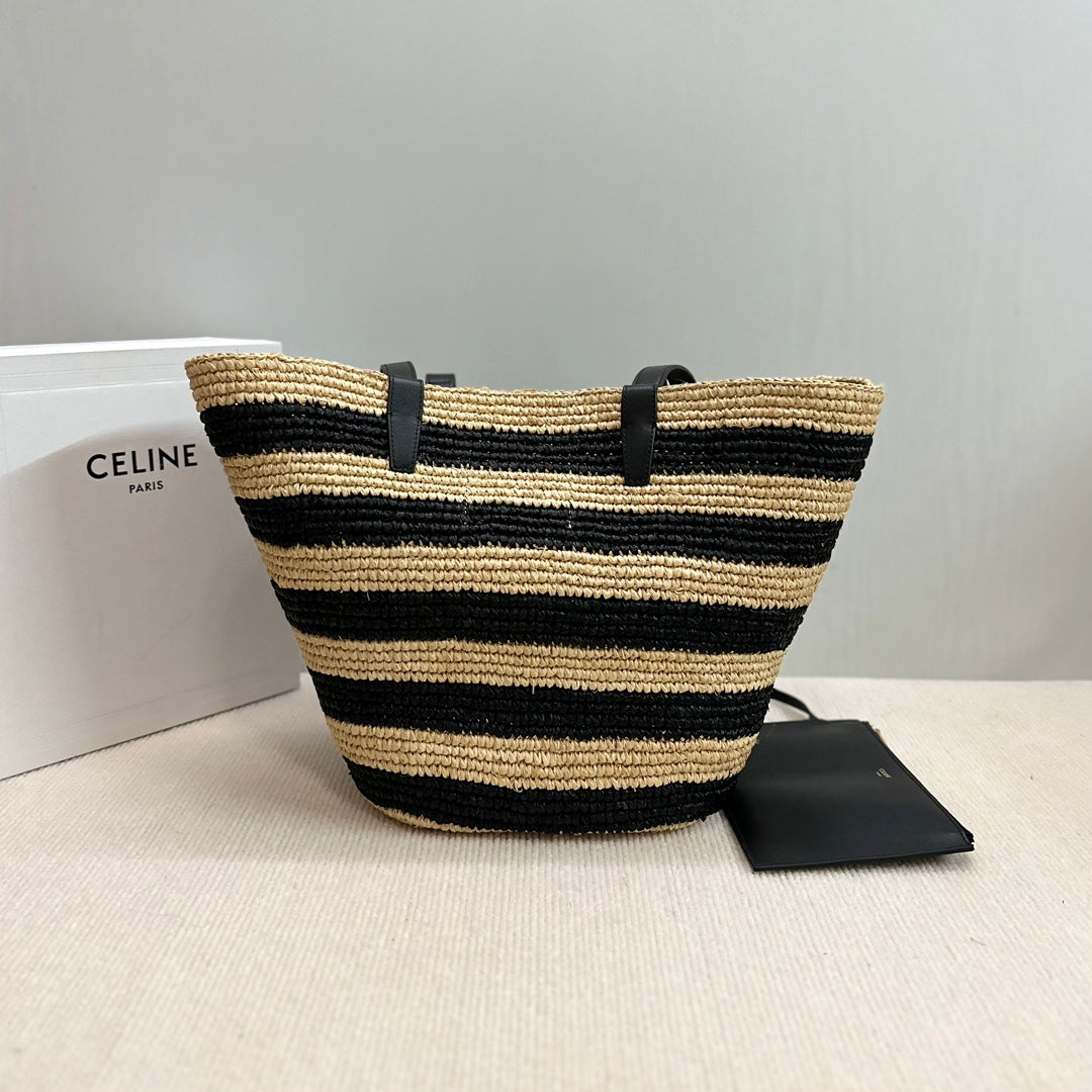 Celine Medium Supple Classic Panier 30cm Black Calfskin Beige Raffia
