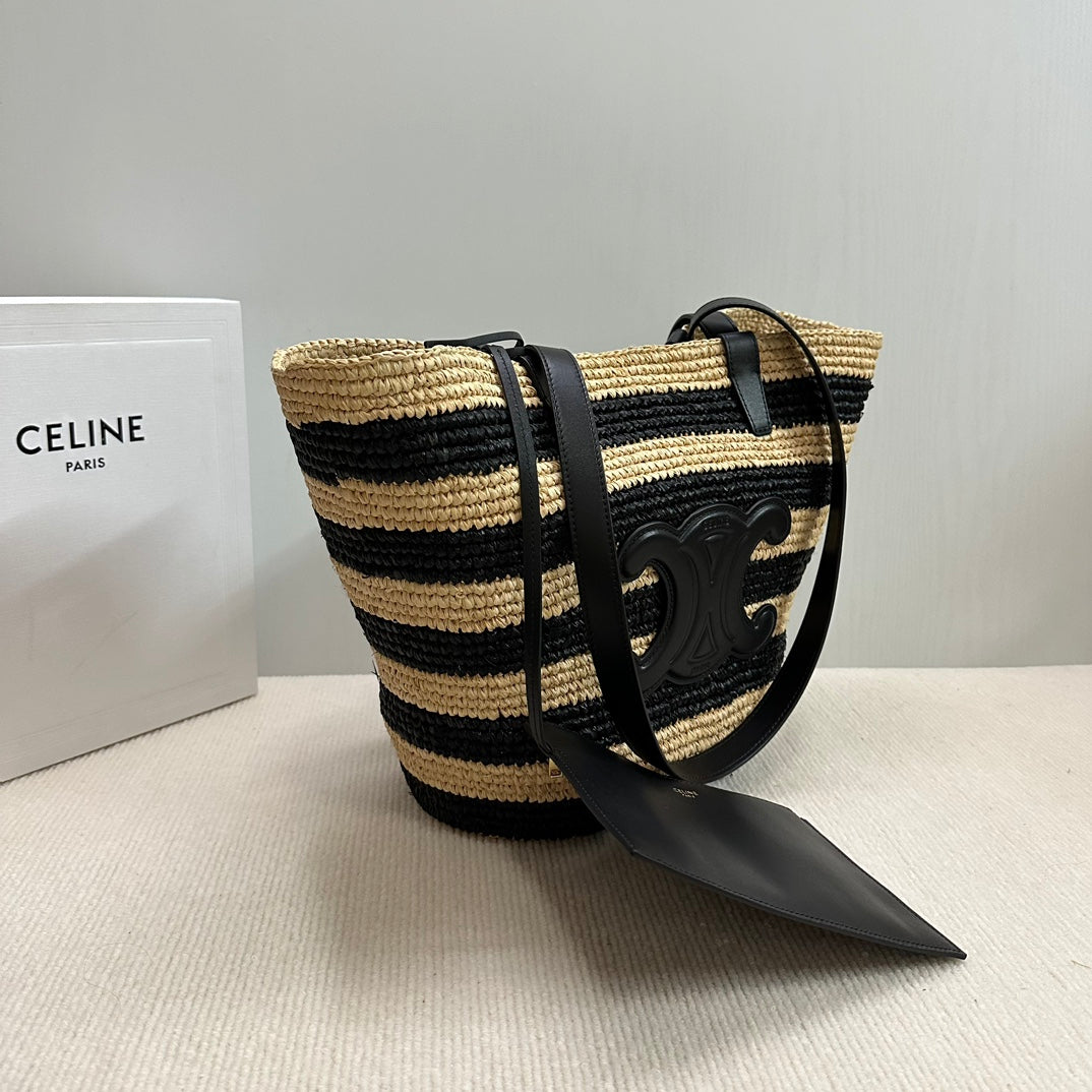 Celine Medium Supple Classic Panier 30cm Black Calfskin Beige Raffia