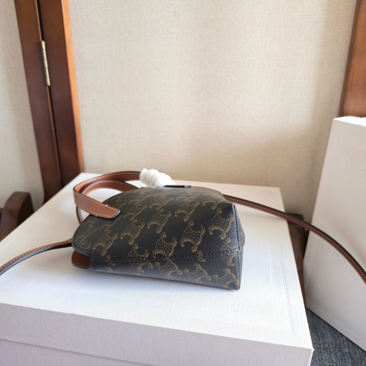 Celine 2025 Heart-Shaped Bag 19cm Black Tan Canvas Calfskin 276287
