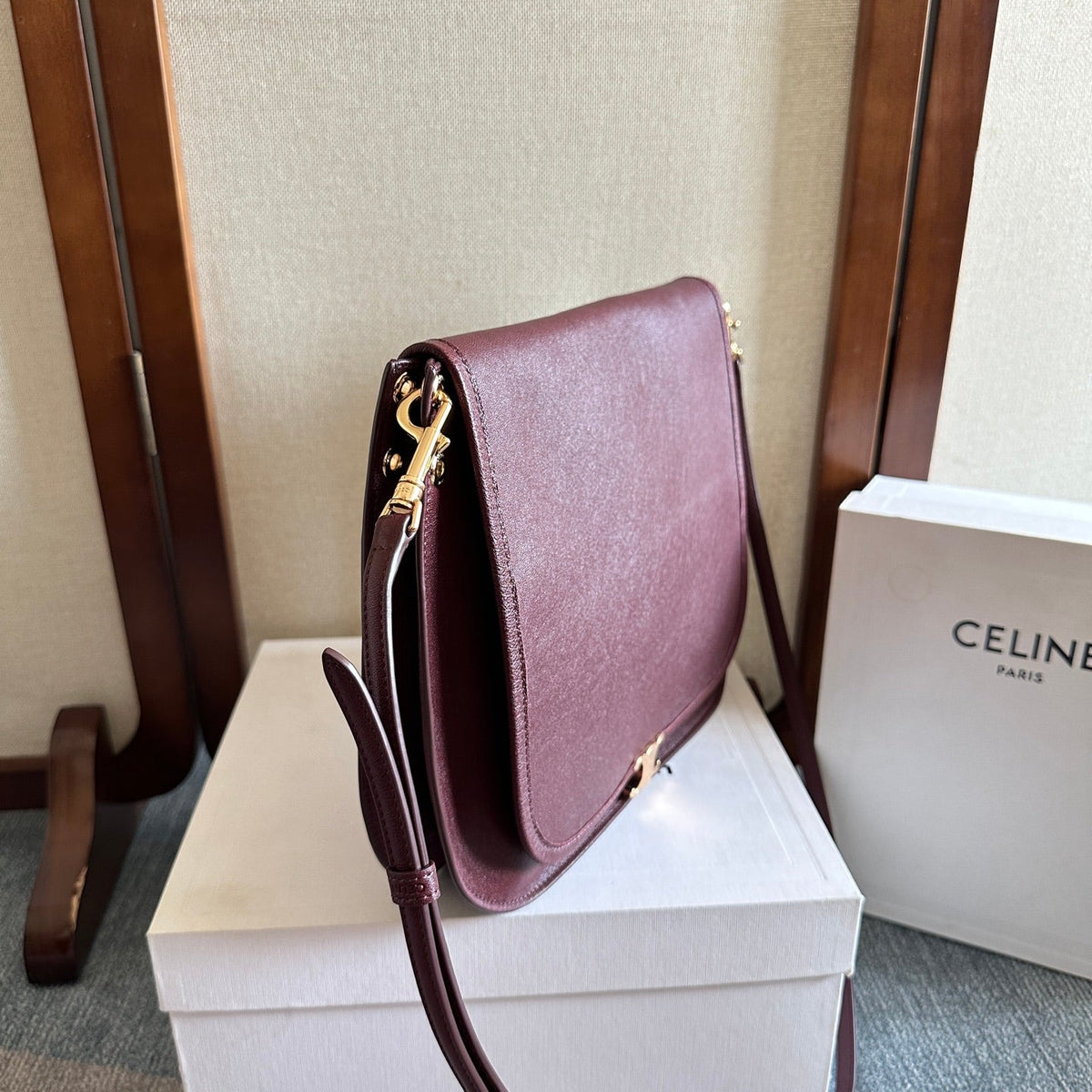 Celine Besace Soft Triomphe Bag Dark Burgundy Lambskin